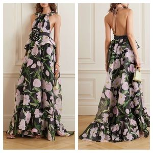 Carolina Herrera Floral Peony Print Ruffle Rosette Chiffon Gown Silk Organza